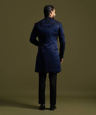 Navy blue embroidered achkan with kurta and pant 4