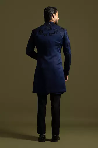 Navy blue embroidered achkan with kurta and pant