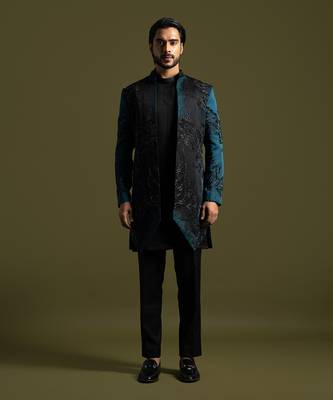 Teal & black open achkan set 1