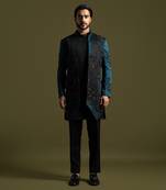 Teal & black open achkan set