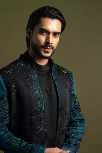 Teal & black open achkan set