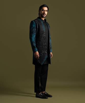 Teal & black open achkan set 3
