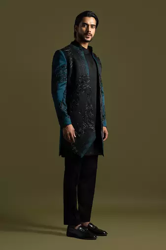 Teal & black open achkan set