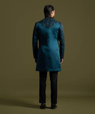 Teal & black open achkan set 4