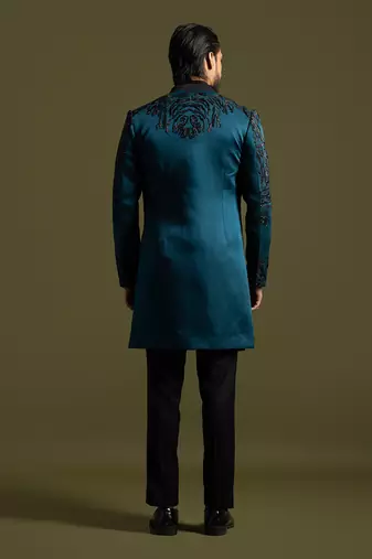 Teal & black open achkan set