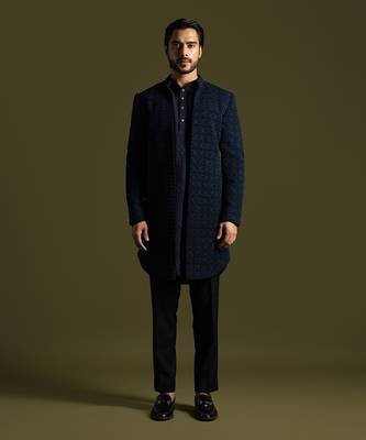 Blue french knot embroidered achkan with kurta and pant 1
