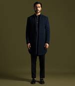 Blue french knot embroidered achkan with kurta and pant