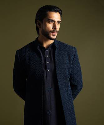 Blue french knot embroidered achkan with kurta and pant 2