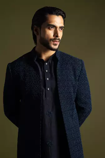 Blue french knot embroidered achkan with kurta and pant