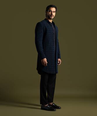 Blue french knot embroidered achkan with kurta and pant 3