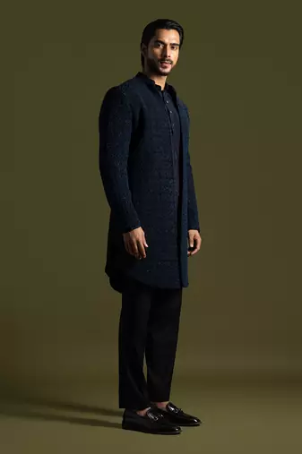 Blue french knot embroidered achkan with kurta and pant