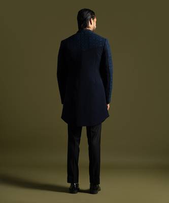 Blue french knot embroidered achkan with kurta and pant 4