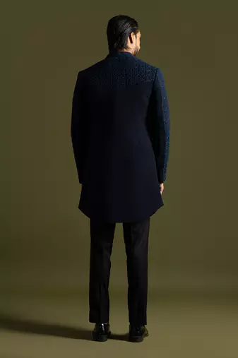 Blue french knot embroidered achkan with kurta and pant