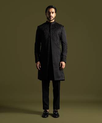 Black linen satin embroidered achkan set 1