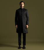 Black linen satin embroidered achkan set