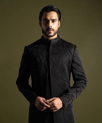 Black linen satin embroidered achkan set 2