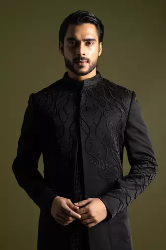 Black linen satin embroidered achkan set