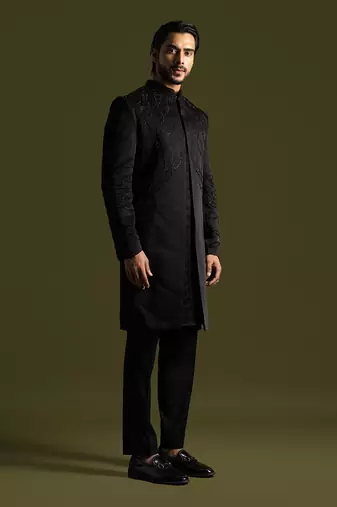 Black linen satin embroidered achkan set