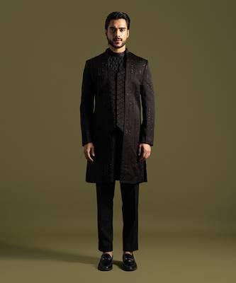 Black linen satin double panel embroidered achkan set 1