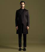 Black linen satin double panel embroidered achkan set