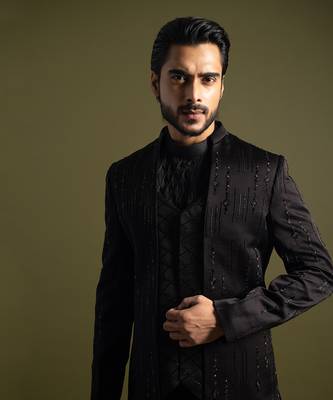 Black linen satin double panel embroidered achkan set 2