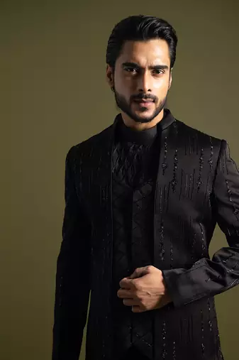 Black linen satin double panel embroidered achkan set
