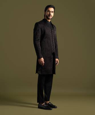 Black linen satin double panel embroidered achkan set 3