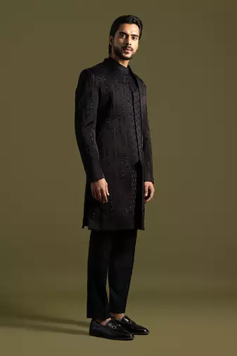 Black linen satin double panel embroidered achkan set