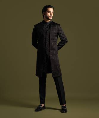 Black linen satin double panel embroidered achkan set 4