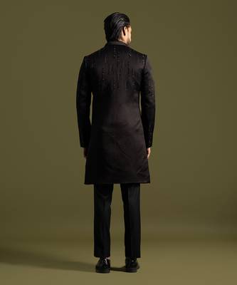 Black linen satin double panel embroidered achkan set 5