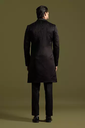 Black linen satin double panel embroidered achkan set