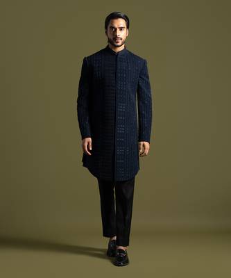Blue french knot embroidered achkan with pant 1