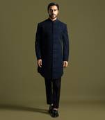 Blue french knot embroidered achkan with pant