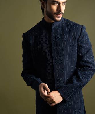 Blue french knot embroidered achkan with pant 2