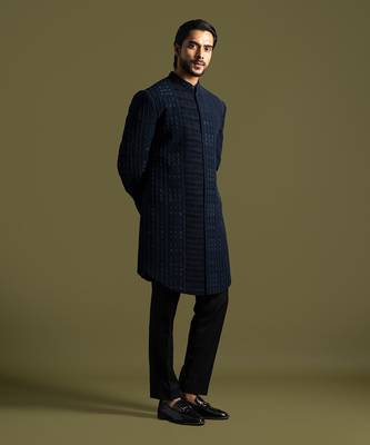 Blue french knot embroidered achkan with pant 3