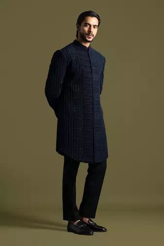 Blue french knot embroidered achkan with pant