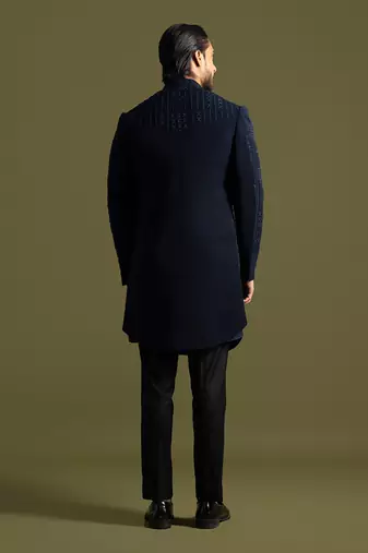 Blue french knot embroidered achkan with pant