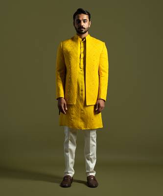 Yellow mirror work open jacket set 1