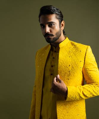 Yellow mirror work open jacket set 2