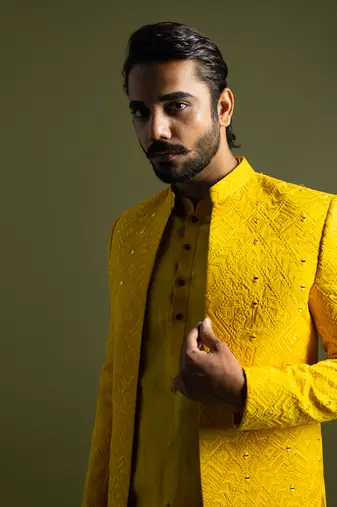 Yellow mirror work open jacket set