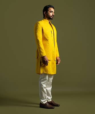 Yellow mirror work open jacket set 3