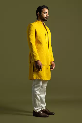 Yellow mirror work open jacket set