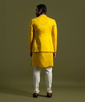 Yellow mirror work open jacket set 4