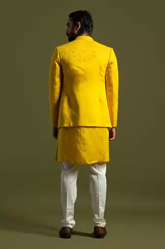 Yellow mirror work open jacket set
