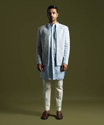 Ice blue geometric embroidered open jacket set 1