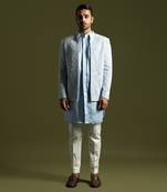 Ice blue geometric embroidered open jacket set