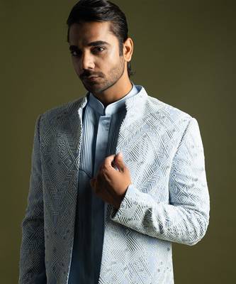 Ice blue geometric embroidered open jacket set 2