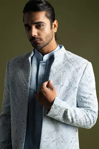 Ice blue geometric embroidered open jacket set