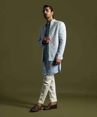Ice blue geometric embroidered open jacket set 3
