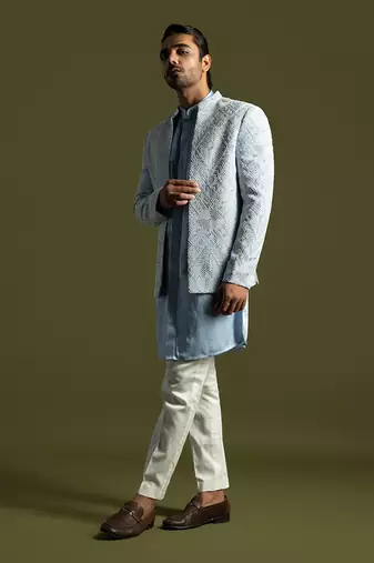 Ice blue geometric embroidered open jacket set